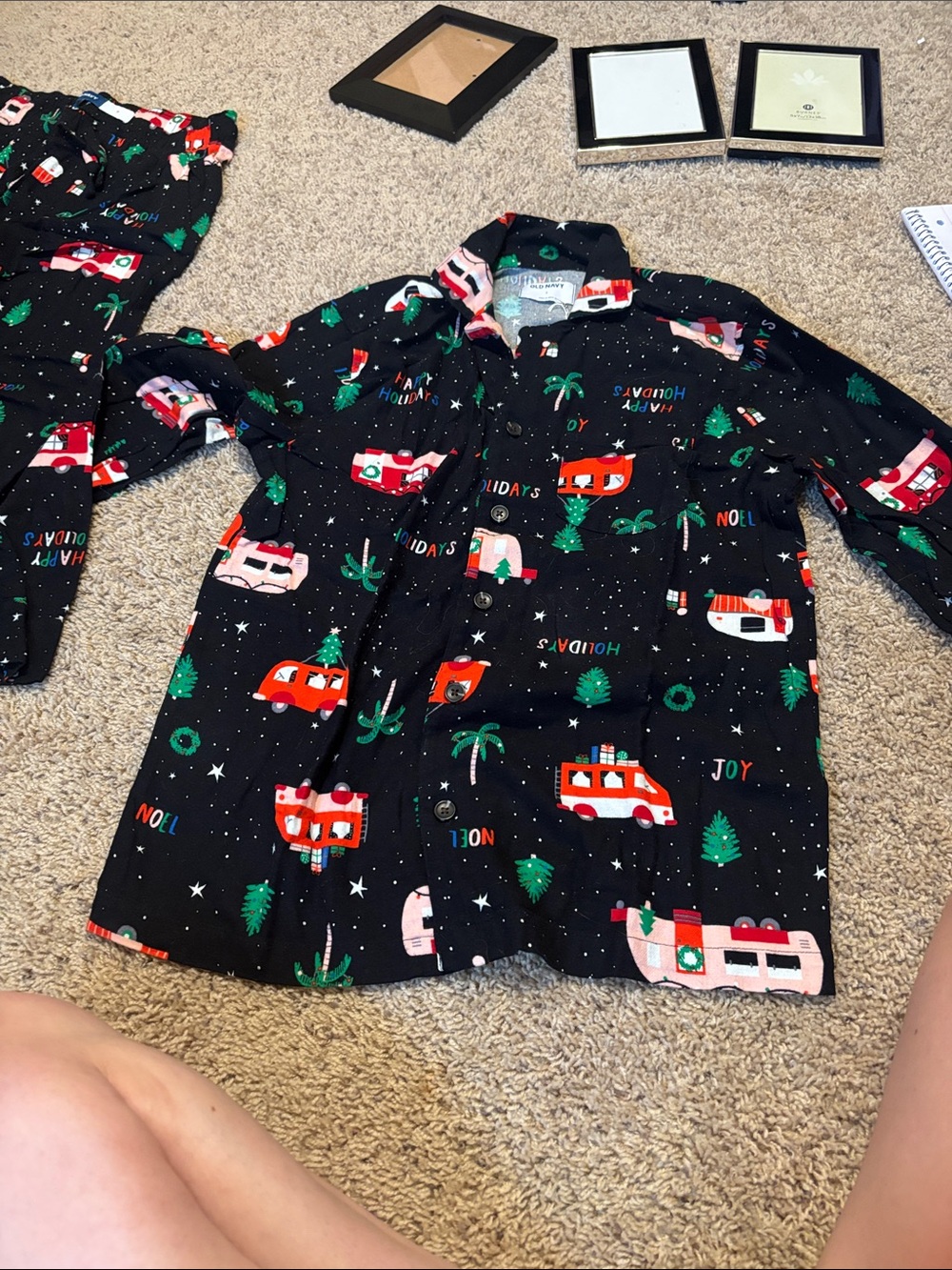 Unisex Holiday Camper Print Pajama Top and pants Black
